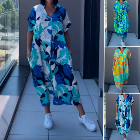 🌸Damklänning med tryck och V-ringning, avslappnad och elegant passform🌸 | Empire-midjedesign | Andningsbar chiffong