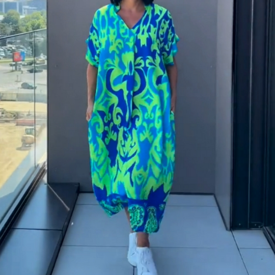 🌸Damklänning med tryck och V-ringning, avslappnad och elegant passform🌸 | Empire-midjedesign | Andningsbar chiffong