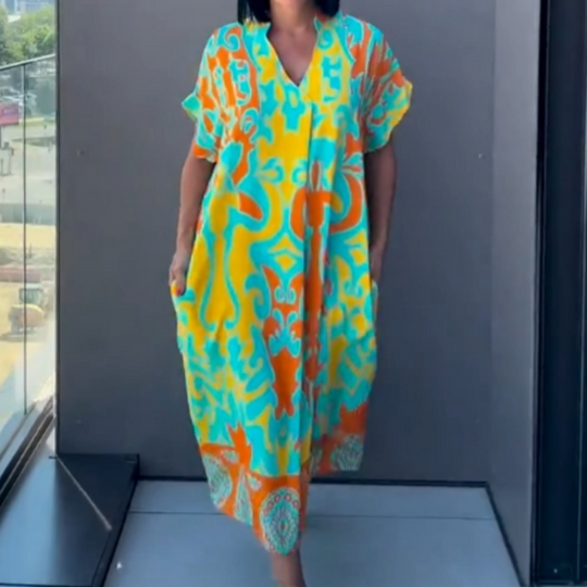 🌸Damklänning med tryck och V-ringning, avslappnad och elegant passform🌸 | Empire-midjedesign | Andningsbar chiffong