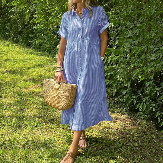 🎉Saldi speciali di questa settimana - 50% di sconto✨Abito camicia a righe con bottoni e revers | Con tasche funzionali