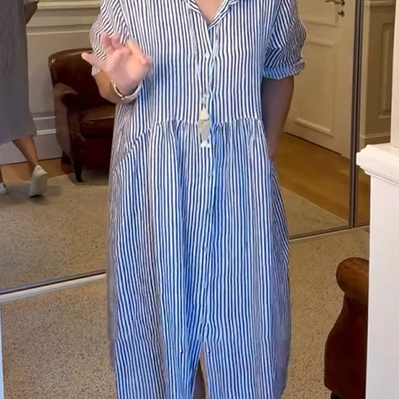 🎉Saldi speciali di questa settimana - 50% di sconto✨Abito camicia a righe con bottoni e revers | Con tasche funzionali