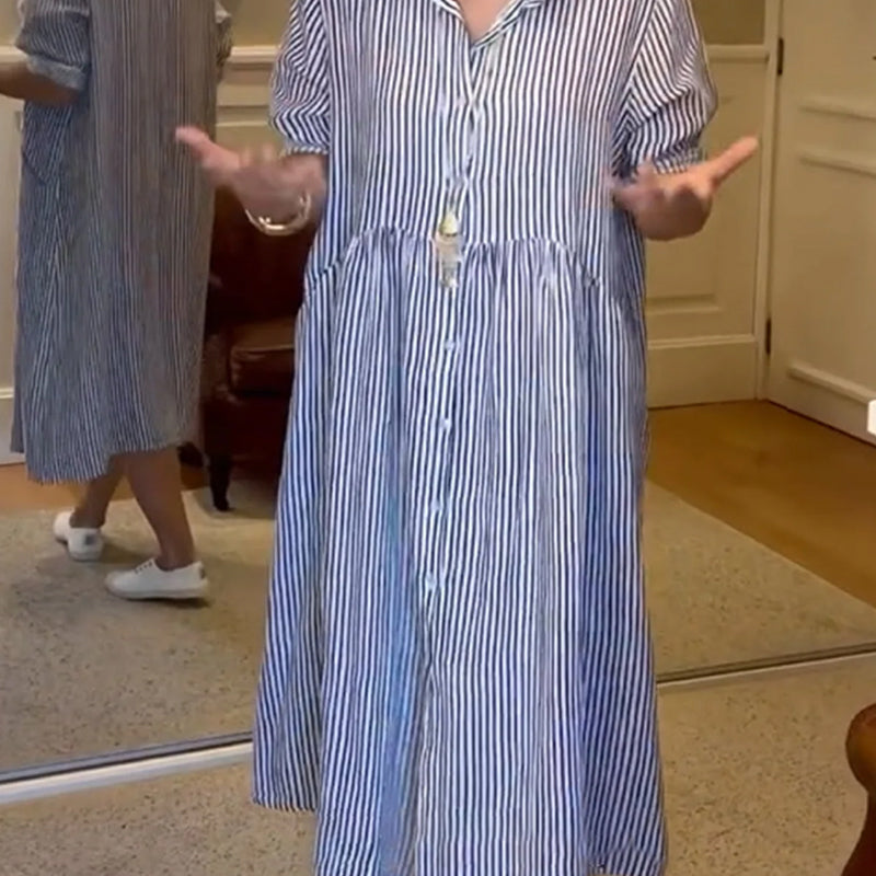 🎉Saldi speciali di questa settimana - 50% di sconto✨Abito camicia a righe con bottoni e revers | Con tasche funzionali