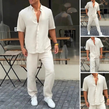 Set bărbătesc din 2 piese, topuri și pantaloni cu mânecă scurtă și rever solid👔