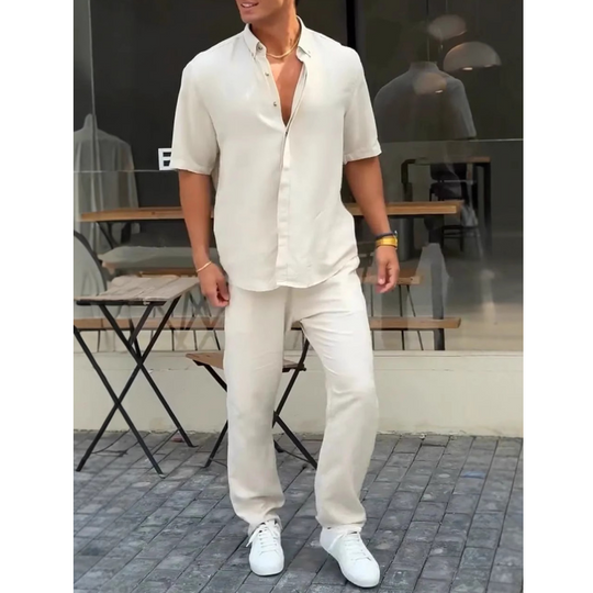 Herrset med enfärgade, kortärmade toppar och byxor, 2-delat👔
