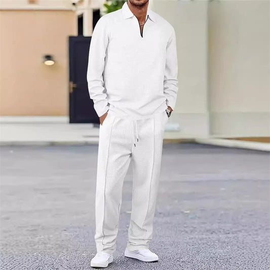 Men’s Waffle Knit Sweatshirt & Straight-Leg Pants Set - Smart Casual Straight Cut, Deep Phone Pockets 🧵