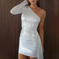 Sexy Asymmetric One-Sleeve Pleated Stretch Slim Mini Dress
