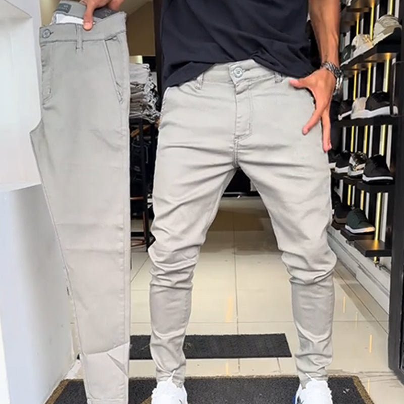 Herre slim-fit casual ensfarvede bukser - ren front, dybe telefonlommer, hurtigudløsende bæltestropper, klar til dag og nat 🕶️