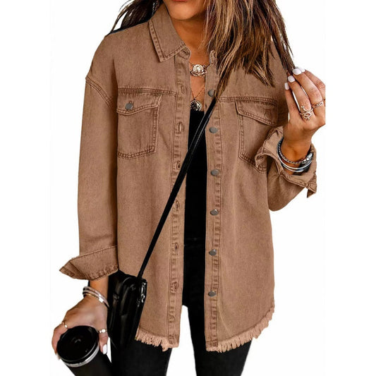 🍂Wā Iti 50% Off!💕Ko nga Koti Jean mo nga Wahine Ripped Fringe Denim Casual Long Sleeve Pockets papanga ngawari