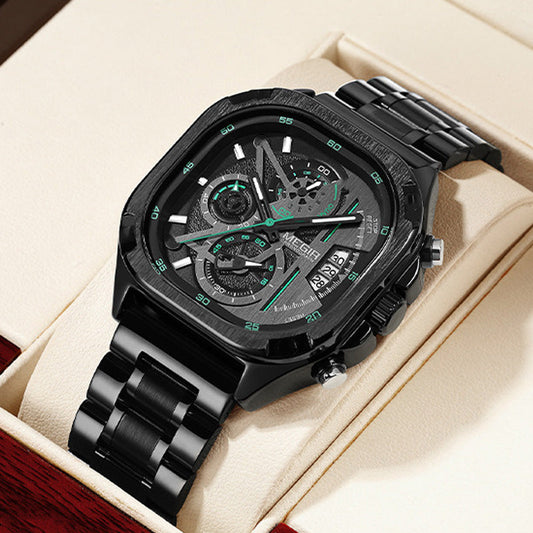BUREI Men's Black Watch Chronograph Multifunction Watch with Stainless Steel Strap, Quartz Movement, Water Resistant, Skeleton Dial, Suitable for Business and Collection