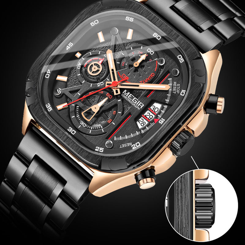 BUREI Men's Black Watch Chronograph Multifunction Watch with Stainless Steel Strap, Quartz Movement, Water Resistant, Skeleton Dial, Suitable for Business and Collection