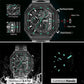BUREI Men's Black Watch Chronograph Multifunction Watch with Stainless Steel Strap, Quartz Movement, Water Resistant, Skeleton Dial, Suitable for Business and Collection