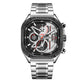 BUREI Men's Black Watch Chronograph Multifunction Watch with Stainless Steel Strap, Quartz Movement, Water Resistant, Skeleton Dial, Suitable for Business and Collection