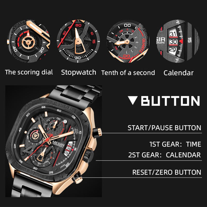 BUREI svart klocka Chronograph multifunktionsklocka för män med band i rostfritt stål, kvartsrörelse, vattentät, skeletturtavla, lämplig för företag och samling