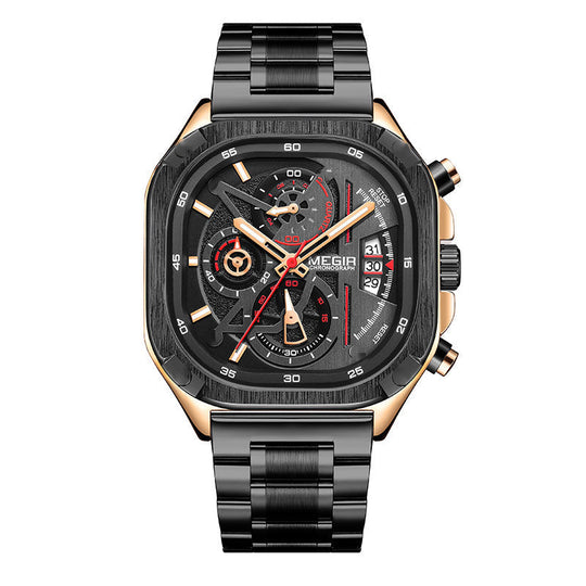 BUREI svart klocka Chronograph multifunktionsklocka för män med band i rostfritt stål, kvartsrörelse, vattentät, skeletturtavla, lämplig för företag och samling