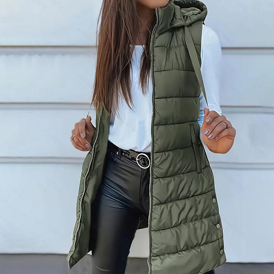 🔥SOLDES 50 % DE RÉDUCTION🎁Doudoune longue zippée pour femme👗 | Couleur unie | Sans manches | À capuche | Vêtements d'hiver 💕