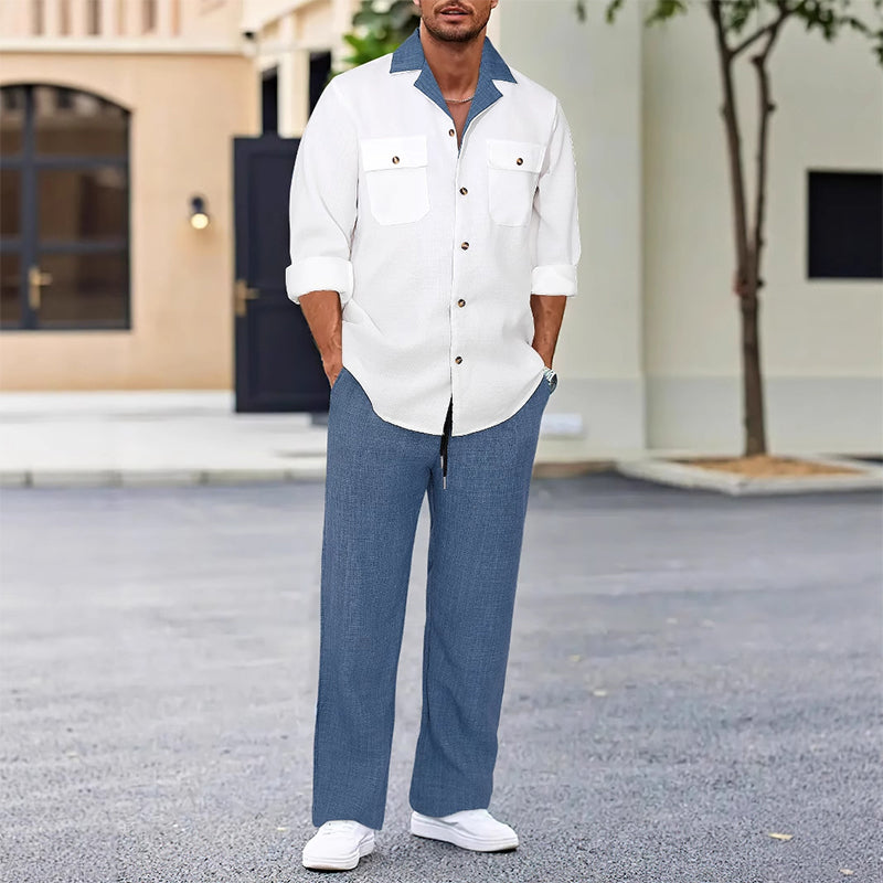 Casual Lapel långärmade skjortor för män & byxor 2-delad set