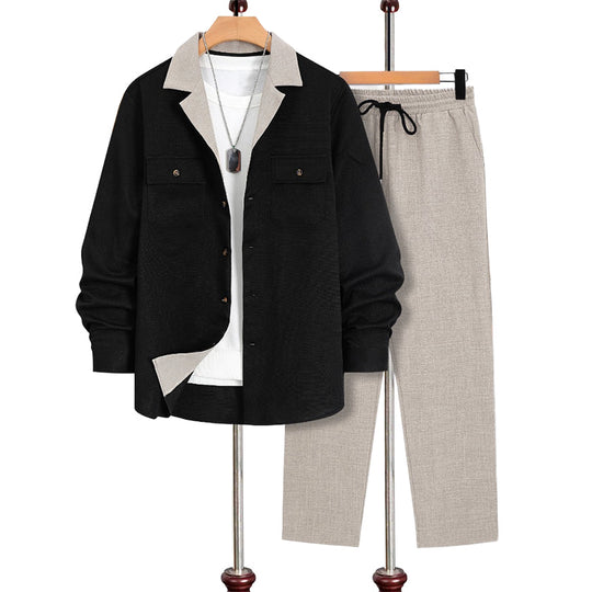 Casual Lapel långärmade skjortor för män & byxor 2-delad set