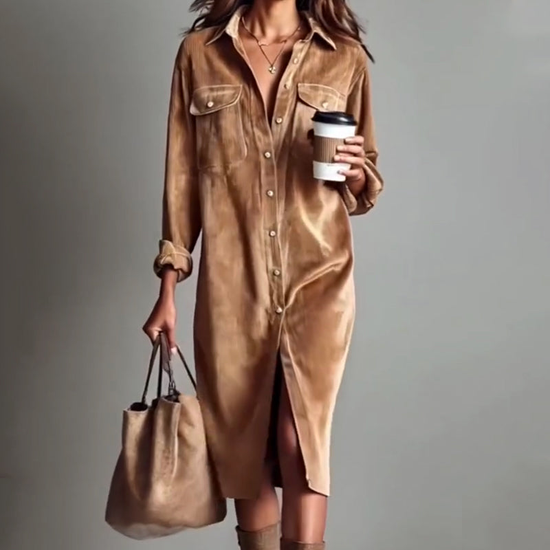 🔥 50% DE RÉDUCTION ! ✨ Robe Chemise Décontractée Femme - Velours Côtelé Doux, Poche Poitrine Pratique, Style Moderne et Confortable 👚✨