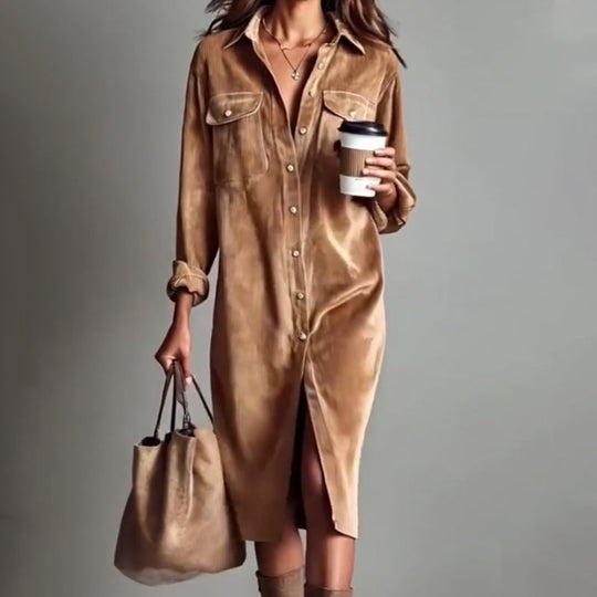 🔥 50% DE RÉDUCTION ! ✨ Robe Chemise Décontractée Femme - Velours Côtelé Doux, Poche Poitrine Pratique, Style Moderne et Confortable 👚✨