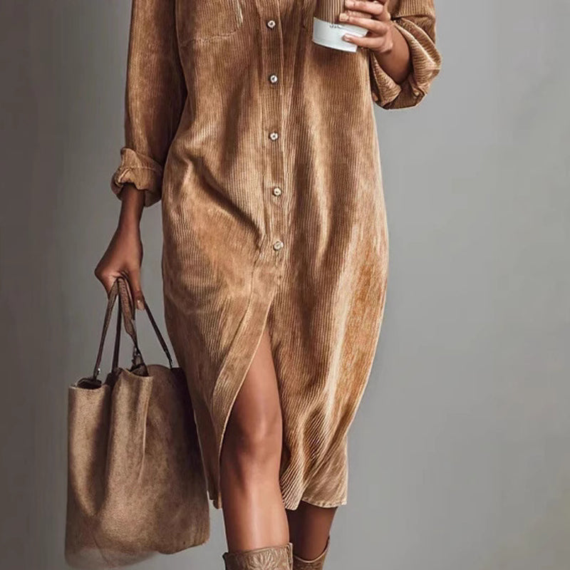 🔥 50% DE RÉDUCTION ! ✨ Robe Chemise Décontractée Femme - Velours Côtelé Doux, Poche Poitrine Pratique, Style Moderne et Confortable 👚✨