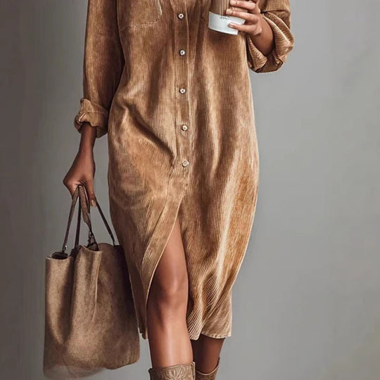 🔥 50% DE RÉDUCTION ! ✨ Robe Chemise Décontractée Femme - Velours Côtelé Doux, Poche Poitrine Pratique, Style Moderne et Confortable 👚✨