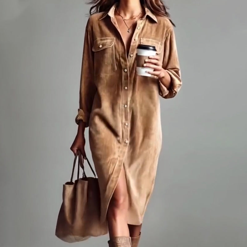 🔥 50% DE RÉDUCTION ! ✨ Robe Chemise Décontractée Femme - Velours Côtelé Doux, Poche Poitrine Pratique, Style Moderne et Confortable 👚✨