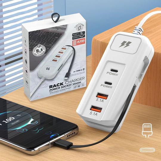 ⚡Novidades de 2026: cargador rápido multifunción 2PD + 2USB! 🔌📱 66 W, cable tipo C integrado, carga 4 dispositivos simultaneamente de forma segura