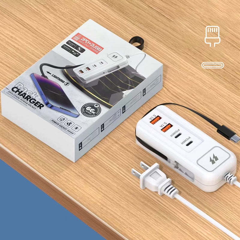 ⚡Novidades de 2026: cargador rápido multifunción 2PD + 2USB! 🔌📱 66 W, cable tipo C integrado, carga 4 dispositivos simultaneamente de forma segura