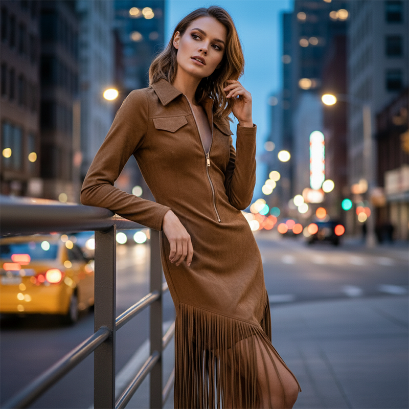 Trending Now⭐👗 Western Fringe Zipper Midi Dress – Body-Contouring Fit & Playful Hem for Effortless Statement Style