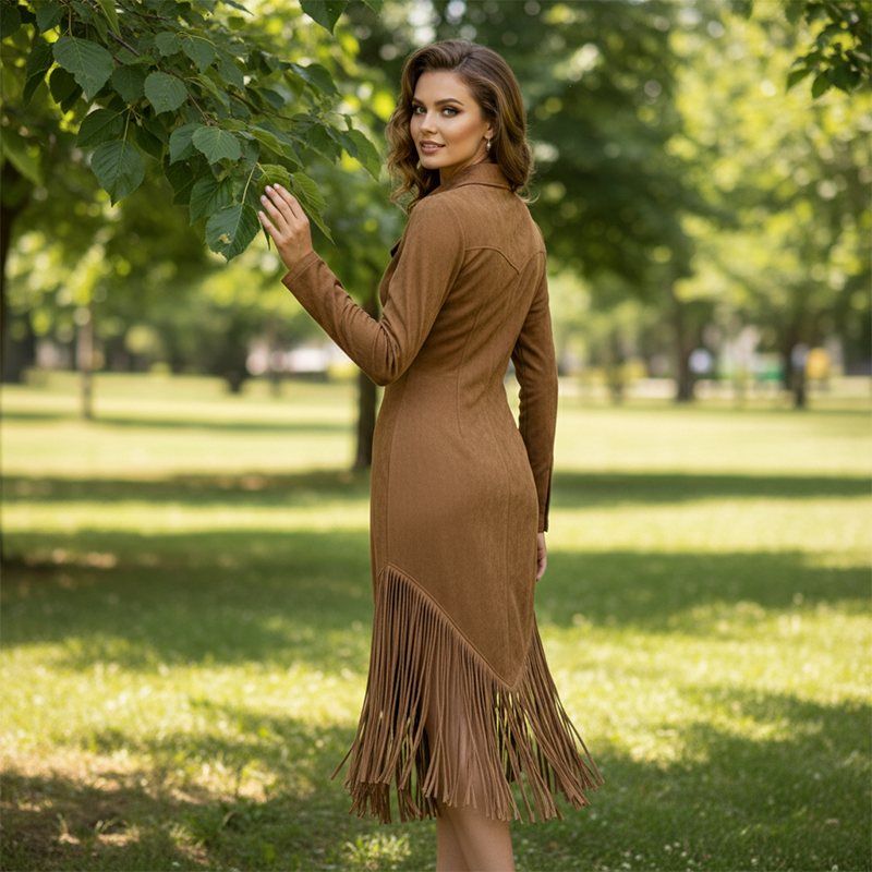 Trending Now⭐👗 Western Fringe Zipper Midi Dress – Body-Contouring Fit & Playful Hem for Effortless Statement Style