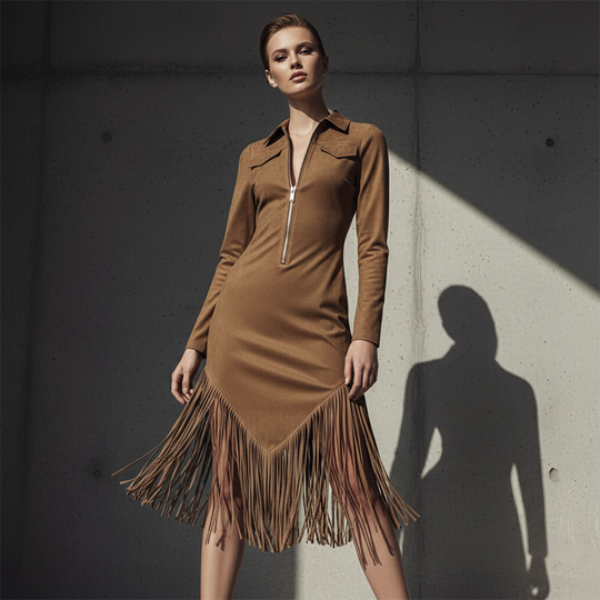 Trending Now⭐👗 Western Fringe Zipper Midi Dress – Body-Contouring Fit & Playful Hem for Effortless Statement Style