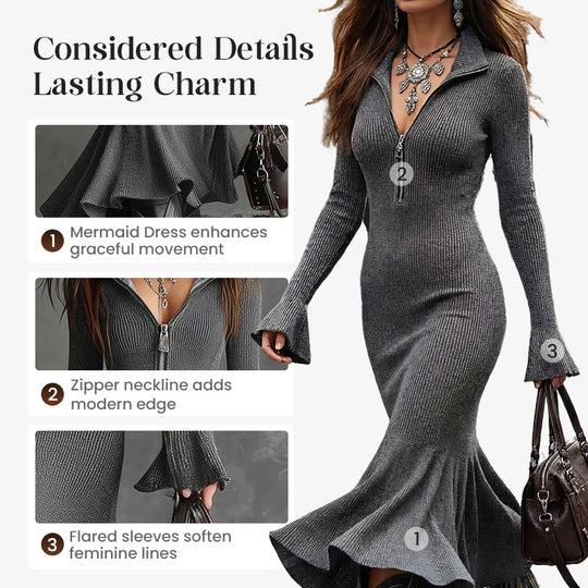 🍁New Fall Collection-Women's Zipper Lapel Flare Sleeve Knit Fishtail Dress