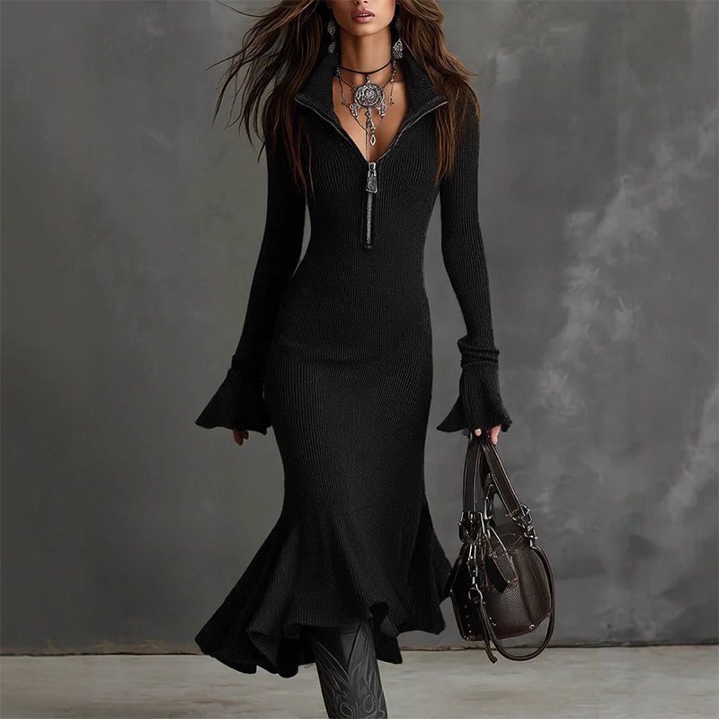🍁New Fall Collection-Women's Zipper Lapel Flare Sleeve Knit Fishtail Dress