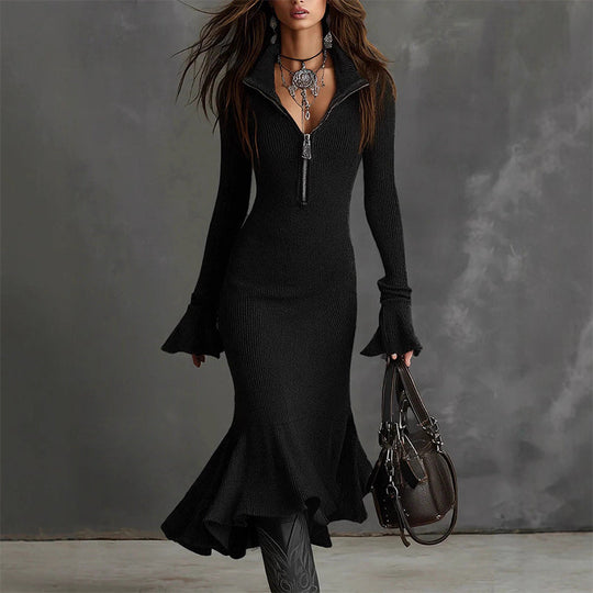 🍁New Fall Collection-Women's Zipper Lapel Flare Sleeve Knit Fishtail Dress