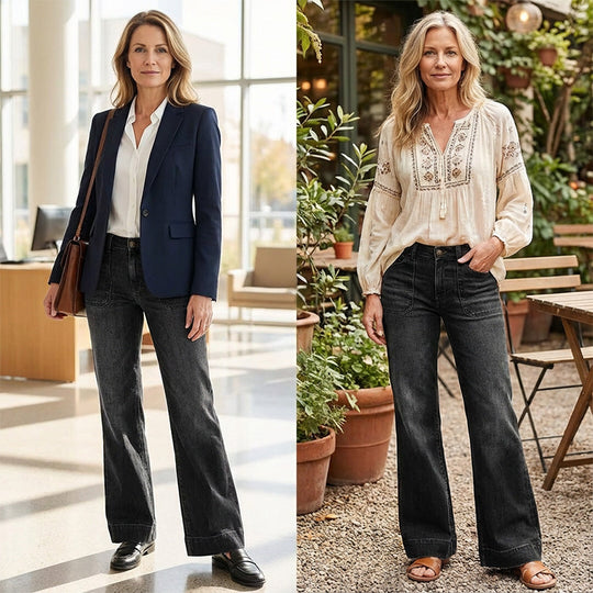 👖🌟 PROMO FLASH 50% ! Jean Évasé Rétro Femme – Denim Élastique, Poches Pratiques, Ourlet Large Retroussé, Tailles S-2XL, Idéal Look Vintage Chic ✨
