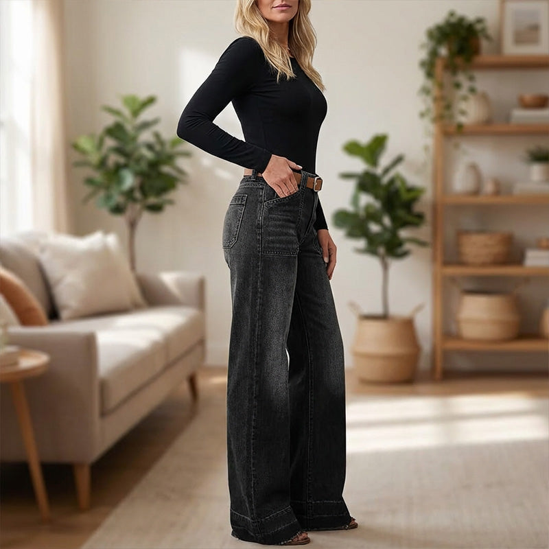 👖🌟 PROMO FLASH 50% ! Jean Évasé Rétro Femme – Denim Élastique, Poches Pratiques, Ourlet Large Retroussé, Tailles S-2XL, Idéal Look Vintage Chic ✨