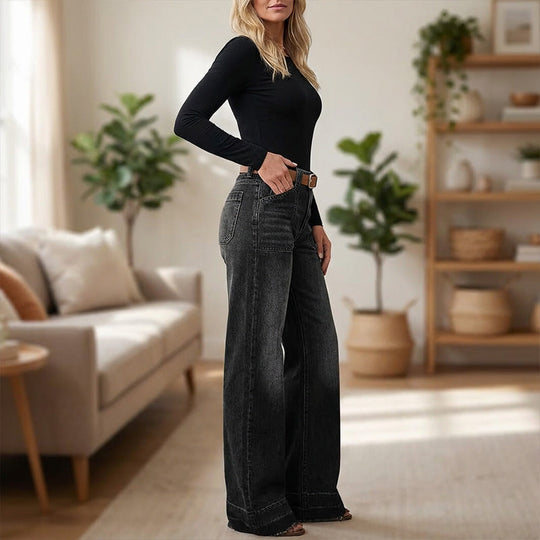 👖🌟 PROMO FLASH 50% ! Jean Évasé Rétro Femme – Denim Élastique, Poches Pratiques, Ourlet Large Retroussé, Tailles S-2XL, Idéal Look Vintage Chic ✨