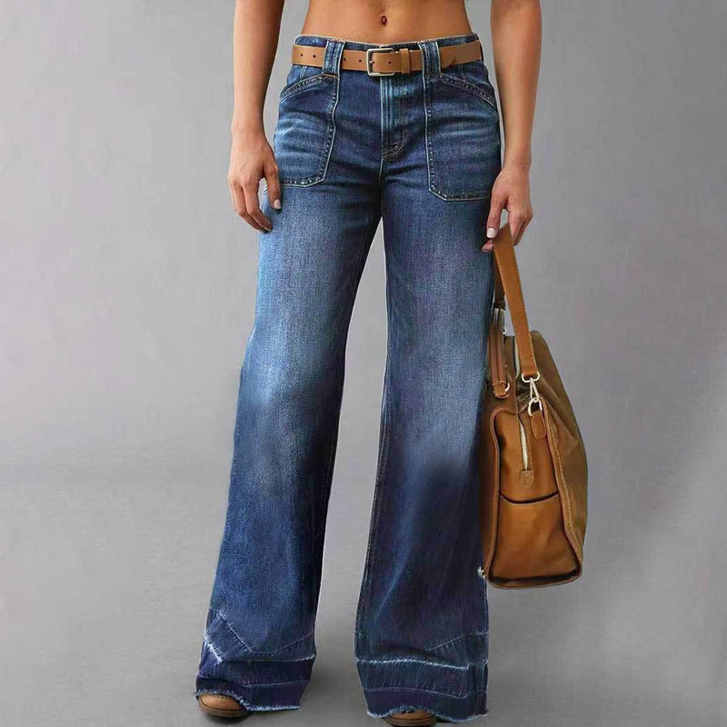 👖🌟 PROMO FLASH 50% ! Jean Évasé Rétro Femme – Denim Élastique, Poches Pratiques, Ourlet Large Retroussé, Tailles S-2XL, Idéal Look Vintage Chic ✨