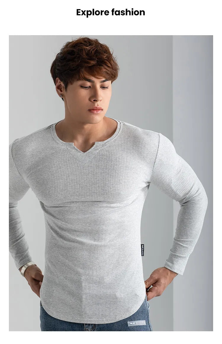 T-shirts longs à col en V et à côtes, manches longues, pour la salle de sport et l'entraînement, vêtements de sport pour homme
