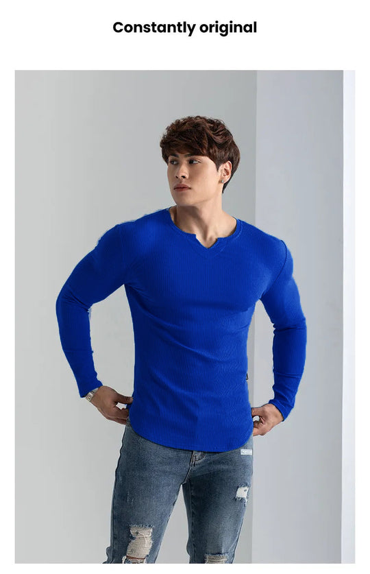 T-shirts longs à col en V et à côtes, manches longues, pour la salle de sport et l'entraînement, vêtements de sport pour homme