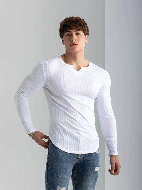 T-shirts longs à col en V et à côtes, manches longues, pour la salle de sport et l'entraînement, vêtements de sport pour homme