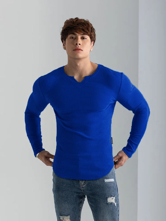 T-shirts longs à col en V et à côtes, manches longues, pour la salle de sport et l'entraînement, vêtements de sport pour homme