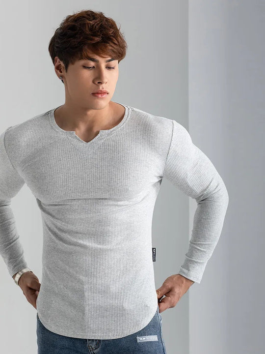T-shirts longs à col en V et à côtes, manches longues, pour la salle de sport et l'entraînement, vêtements de sport pour homme
