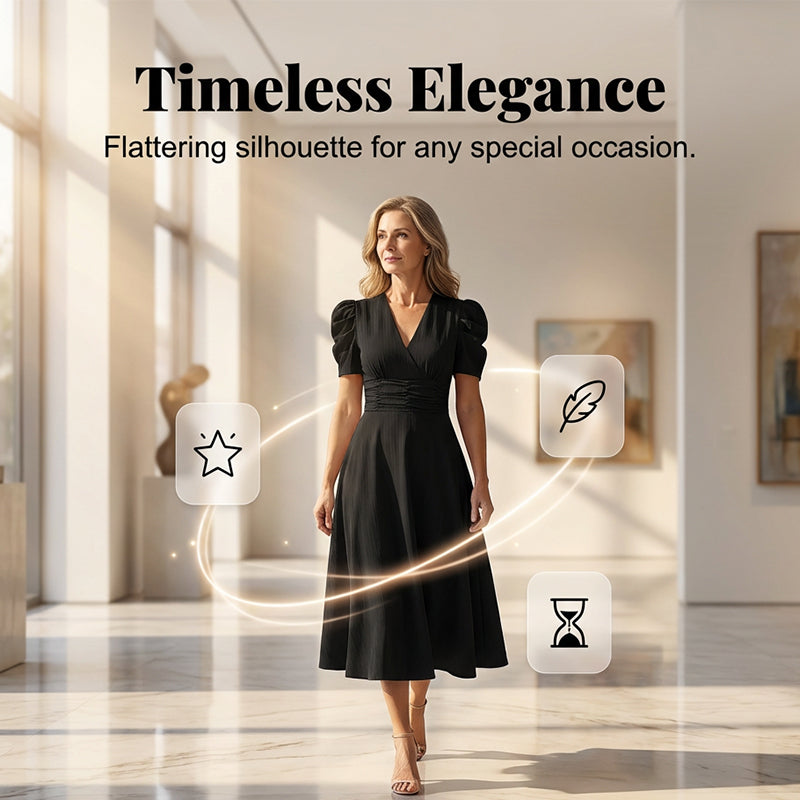 🥳2026 HOT SALE🥳💞50K+ SOLD!💥💕🌿 50% OFF! Elegant Puff Sleeve Dress – V-neck & high waist create hourglass shape. Breathable, wrinkle-resistant. Perfect for mature women. 👗✅