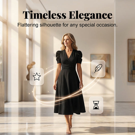 🥳2026 HOT SALE🥳💞50K+ SOLD!💥💕🌿 50% OFF! Elegant Puff Sleeve Dress – V-neck & high waist create hourglass shape. Breathable, wrinkle-resistant. Perfect for mature women. 👗✅