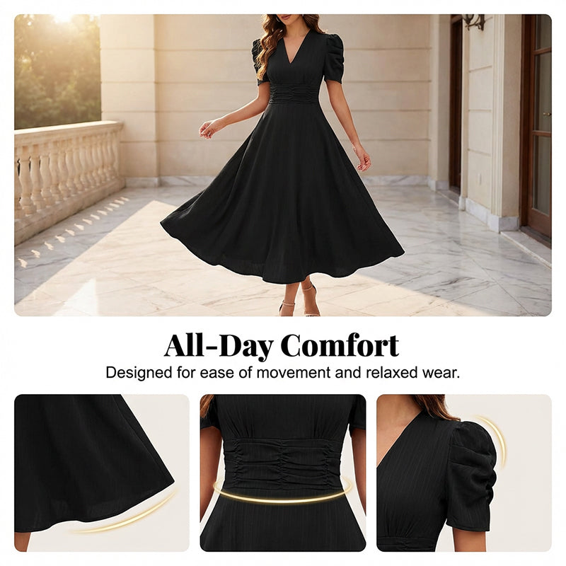 🥳2026 HOT SALE🥳💞50K+ SOLD!💥💕🌿 50% OFF! Elegant Puff Sleeve Dress – V-neck & high waist create hourglass shape. Breathable, wrinkle-resistant. Perfect for mature women. 👗✅