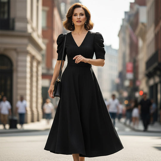 🥳2026 HOT SALE🥳💞50K+ SOLD!💥💕🌿 50% OFF! Elegant Puff Sleeve Dress – V-neck & high waist create hourglass shape. Breathable, wrinkle-resistant. Perfect for mature women. 👗✅