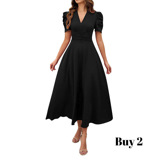 🥳2026 HOT SALE🥳💞50K+ SOLD!💥💕🌿 50% OFF! Elegant Puff Sleeve Dress – V-neck & high waist create hourglass shape. Breathable, wrinkle-resistant. Perfect for mature women. 👗✅
