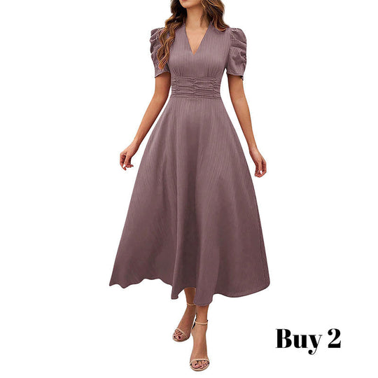 🥳2026 HOT SALE🥳💞50K+ SOLD!💥💕🌿 50% OFF! Elegant Puff Sleeve Dress – V-neck & high waist create hourglass shape. Breathable, wrinkle-resistant. Perfect for mature women. 👗✅