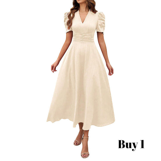 🥳2026 HOT SALE🥳💞50K+ SOLD!💥💕🌿 50% OFF! Elegant Puff Sleeve Dress – V-neck & high waist create hourglass shape. Breathable, wrinkle-resistant. Perfect for mature women. 👗✅